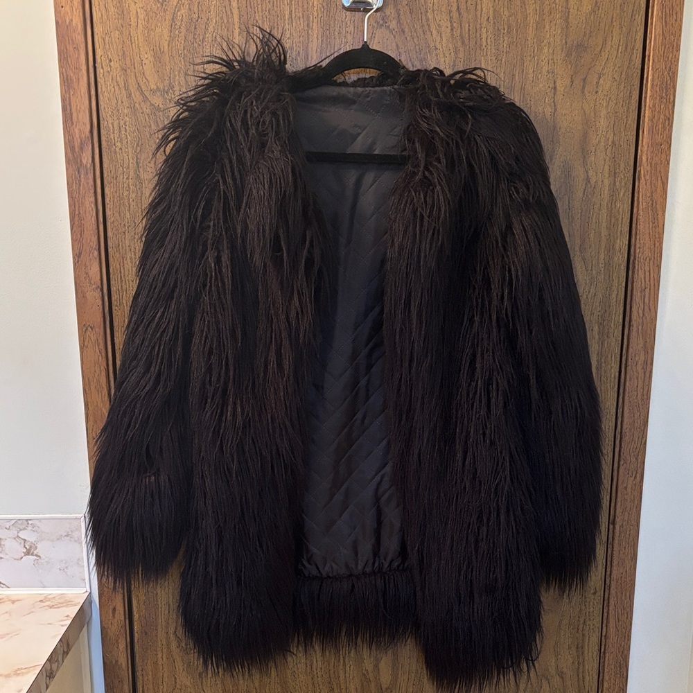 Faux Fur Long Coat - Black